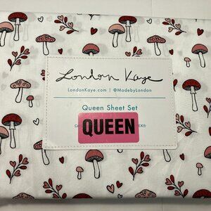 London Kaye QUEEN Sheet Set - QUEEN Sheets White With Pink & Red Mushrooms.